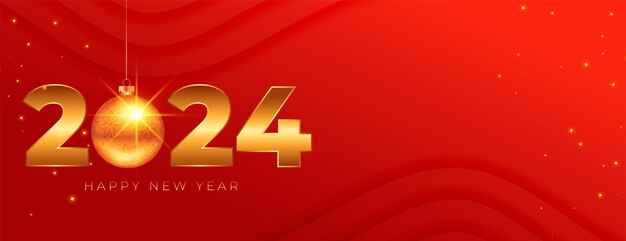 banner de celebración de feliz año nuevo 2024 con vector de bola de navidad colgante