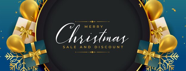 Banner de celebración para el festival de feliz navidad con globos y cajas de regalo
