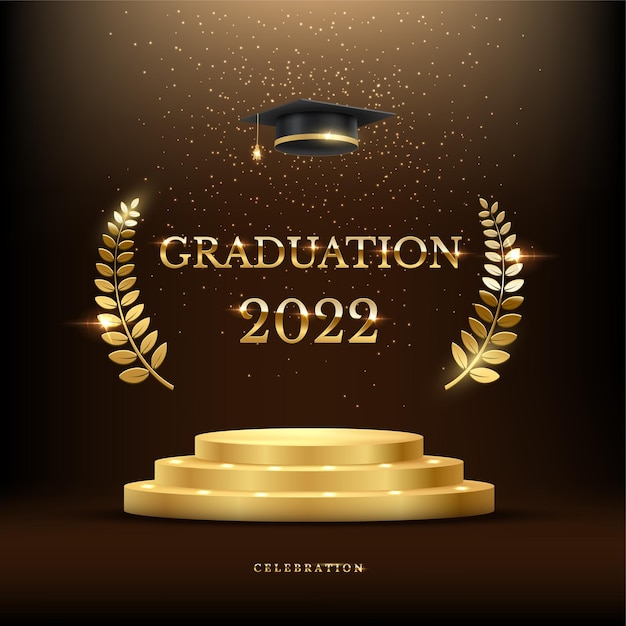 Vector gratuito banner de la ceremonia de graduación de 2022 concepto de premio con sombrero académico podio dorado y corona de laurel bajo brillo brillante sobre fondo oscuro