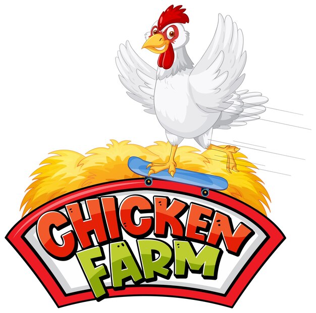 Banner de Chicken Farm con personaje de dibujos animados de pollo blanco
