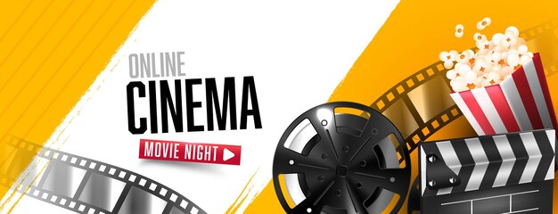 Banner de cine en línea con tablero de chapaleta abierto y tira de película