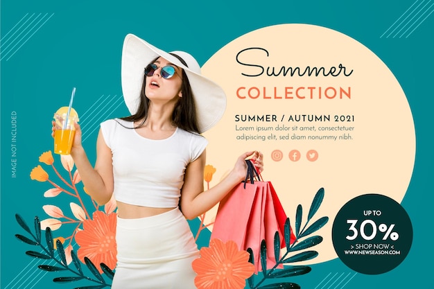 Vector gratuito banner de colección de verano con flores dibujadas a mano