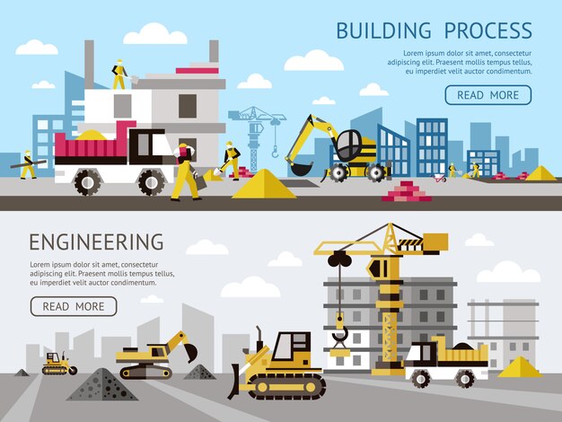 Banner de color de construcción con proceso de construcción y descripciones de ingeniería, más botones ilustración vectorial