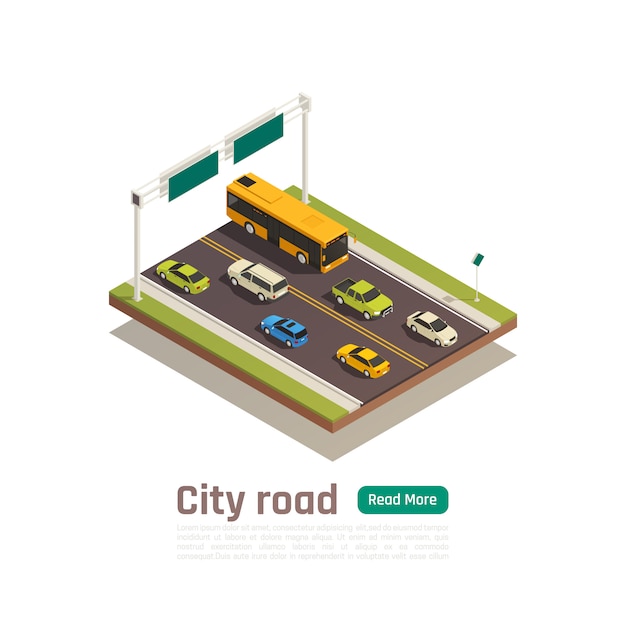 Banner de composición de ciudad color e isométrica con título de carretera de ciudad y leer más ilustración de vector de botón verde