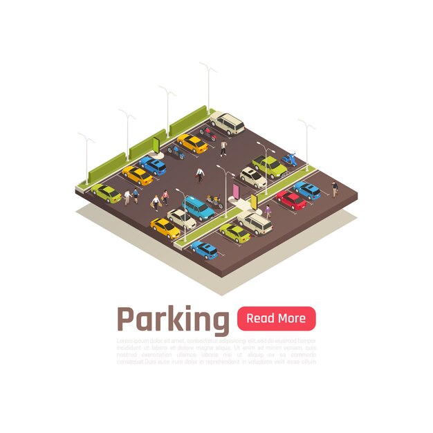 Banner de composición de ciudad isométrica y aislada con descripción de estacionamiento y leer más ilustración de vector de botón