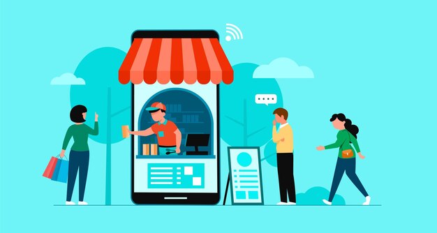 Banner de compras en línea, plantillas de aplicaciones móviles, diseño plano de concepto