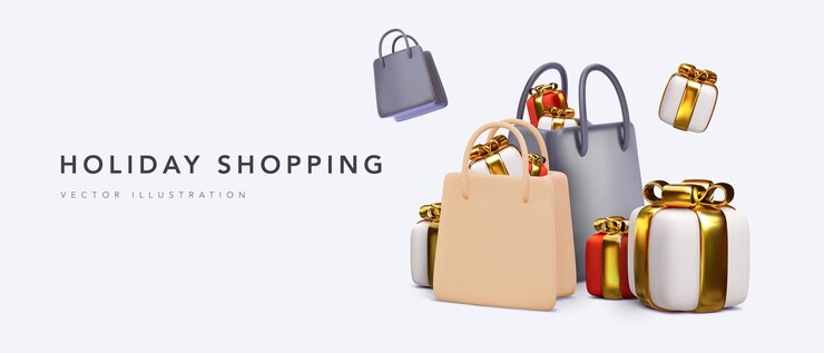 Vector gratuito banner de compras navideñas con bolsas de papel realistas y regalos. ilustración vectorial