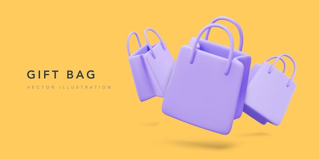 Banner para compras online con bolsas de regalo realistas. Ilustración vectorial