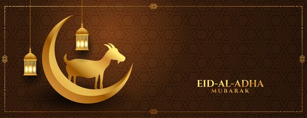 Banner de concepto islámico eid al adha mubarak con cabra dorada