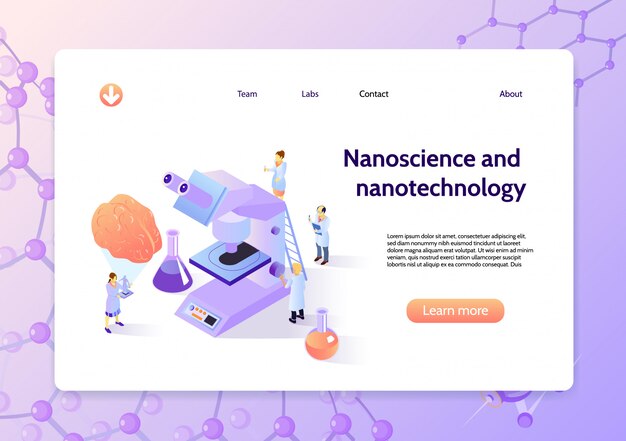 Banner de concepto de nanotecnología isométrica horizontal con título de nanociencia y nanotecnología y botón de aprender más