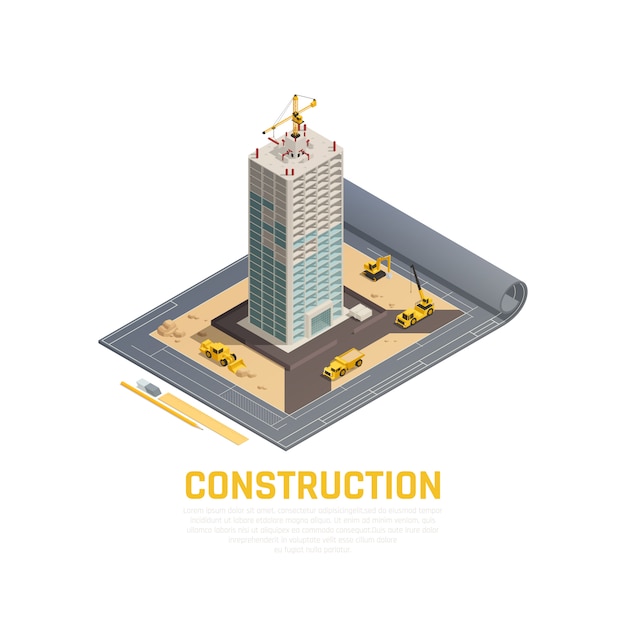 Banner de construcción de icono coloreado e isométrico con plan 3d de construcción de edificio ilustración vectorial