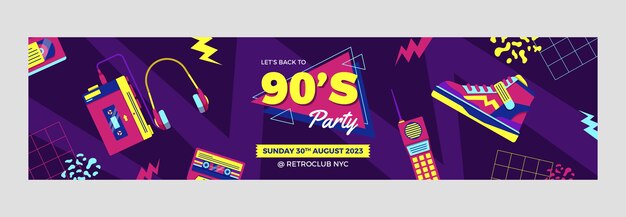 Banner de contracción de fiesta de los 90 colorido de diseño plano