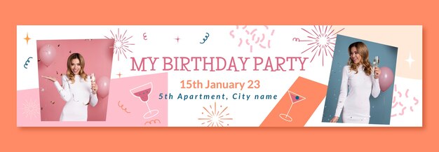 Banner de contracción de fiesta de cumpleaños dibujado a mano