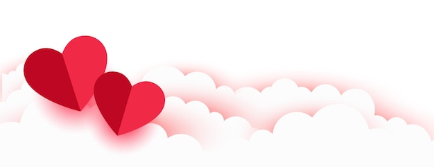 Banner de corazones y nubes de papel romántico de san valentín