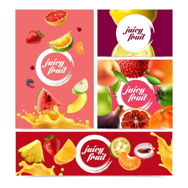 Banner de cuatro frutas realistas con logotipo redondo con el título en el centro