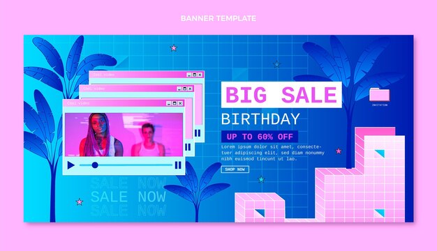 Banner de cumpleaños de vaporwave retro degradado