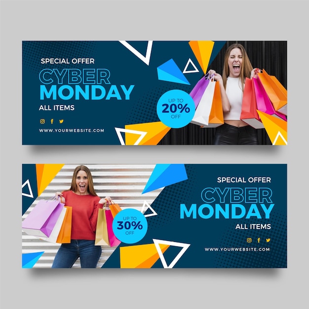 Banner de cyber monday de diseño plano con mujer y bolsos