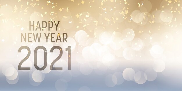 Banner decorativo de feliz año nuevo con luces bokeh y diseño de confeti