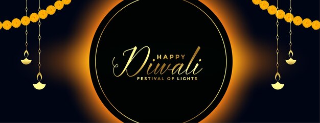 Banner decorativo feliz diwali negro y dorado
