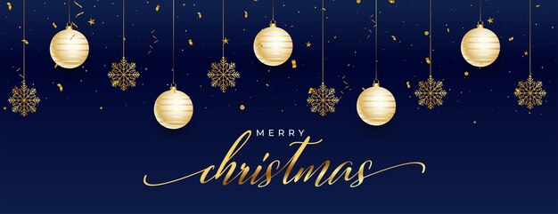 Banner decorativo de feliz navidad con bolas colgantes y copos de nieve