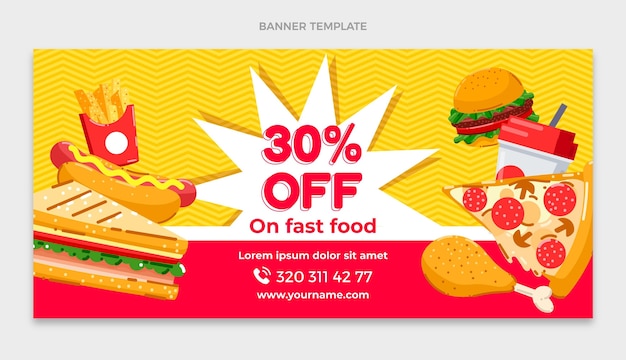 Vector gratuito banner de deliciosa comida rápida con descuento.