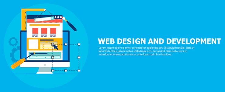 Vector gratuito banner de desarrollo de sitios web. ordenador con herramientas constructoras.