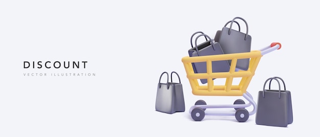 Banner de descuento con carrito de compras amarillo y bolsas de regalo negras en estilo realista. Ilustración vectorial