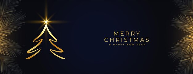 Banner de deseos de feliz navidad con árbol de navidad brillante y ramas de abeto