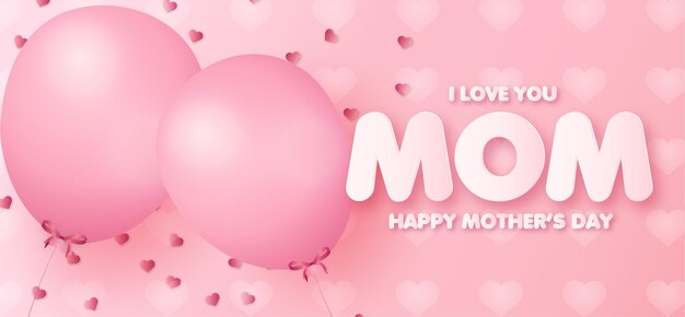 Banner del día de las madres con fondo realista de globos rosados