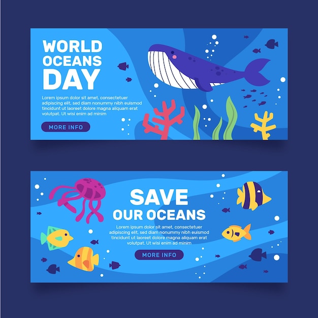 Vector gratuito banner del día de peces y ballenas océanos