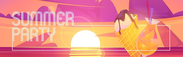 Banner de dibujos animados de fiesta de verano con cono de helado y cóctel al atardecer vector gratuito