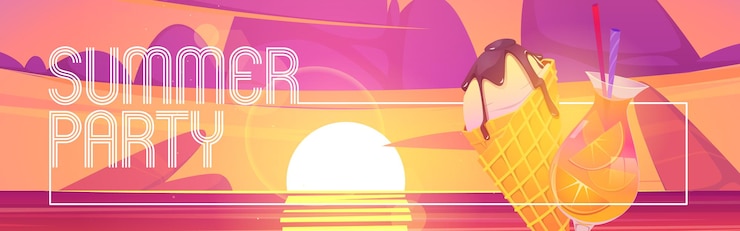 Vector gratuito banner de dibujos animados de fiesta de verano con cono de helado y cóctel al atardecer