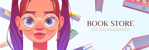 Banner de dibujos animados de librería con cara de mujer joven