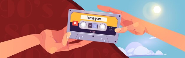 Banner de dibujos animados de mixtapes retro con manos humanas dando cassettes de audio entre sí