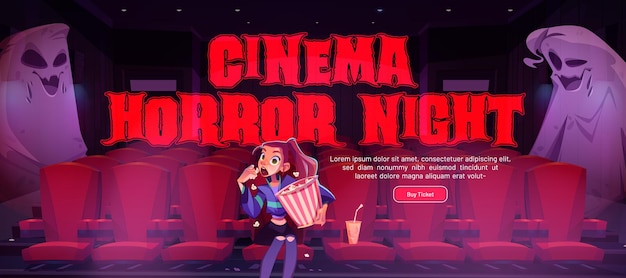 Vector gratuito banner de dibujos animados de noche de terror de cine con fantasmas