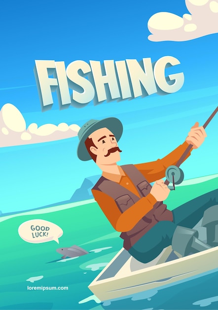 Vector gratuito banner de dibujos animados de pesca con personaje en un barco