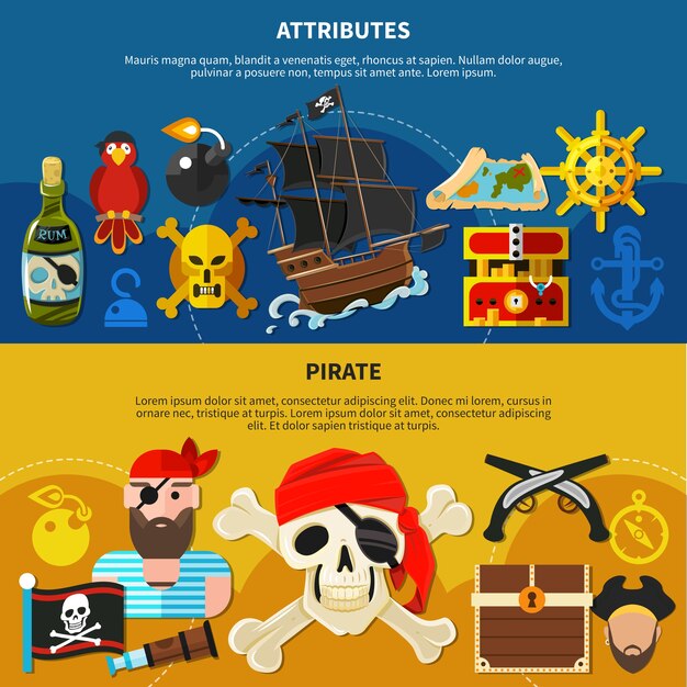 Banner de dibujos animados pirata con marinero barbudo en pañuelo con ilustración de parche en el ojo