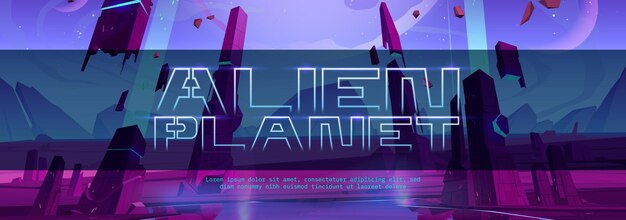 Banner de dibujos animados de planeta alienígena con fondo espacial de paisaje futurista con lunas de rocas brillantes y voladoras en cielo estrellado púrpura Escena de juego de computadora de fantasía de descubrimiento científico Ilustración vectorial