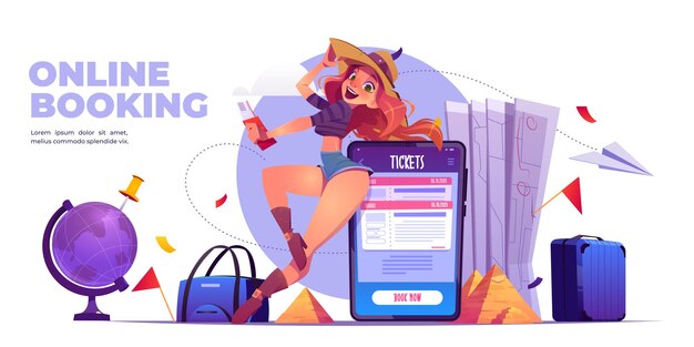 Banner de dibujos animados de reserva en línea. Servicio de viaje para móvil, niña con aplicación turística en un teléfono inteligente enorme, equipaje, mapa del mundo, globo terráqueo, pin de navegación y pirámides egipcias. Ilustración de vector de viaje de verano