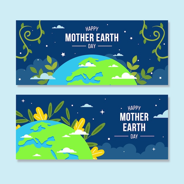 Banner de diseño plano día de la madre tierra con hojas y nubes