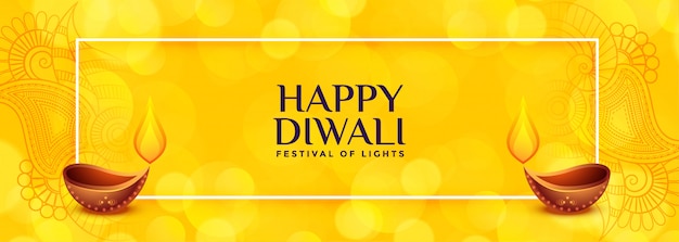 Banner de diwali amarillo con dos diya