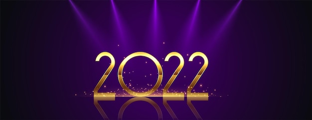 Banner dorado de año nuevo 2022 con luces de enfoque.