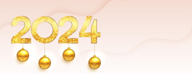 banner dorado brillante de víspera de año nuevo 2024 con vector de bola de navidad colgante