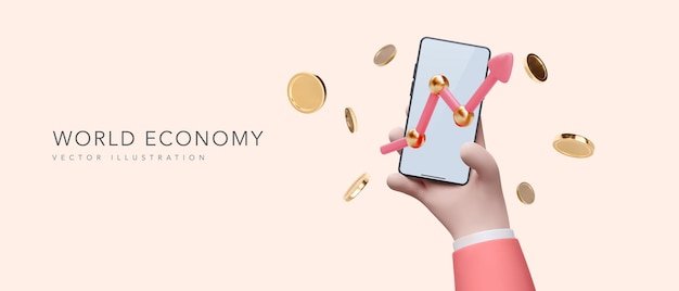 Banner de economía mundial en estilo realista con teléfono en mano y pantalla vacía y flecha estadística y monedas voladoras Ilustración vectorial