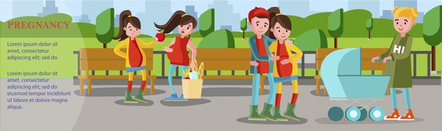 Banner de embarazo plana con mujeres embarazadas hablando sobre estilo de vida saludable y reunión de futuros padres con mujer empujando el carro de bebé en el parque
