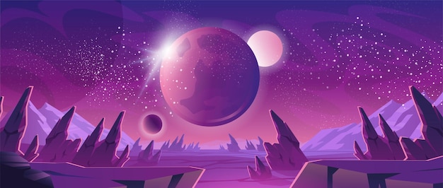 Vector gratuito banner de espacio con paisaje de planeta púrpura