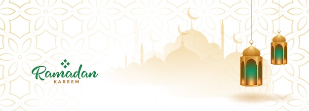 Banner estacional musulmán del ramadán kareem con linternas colgantes