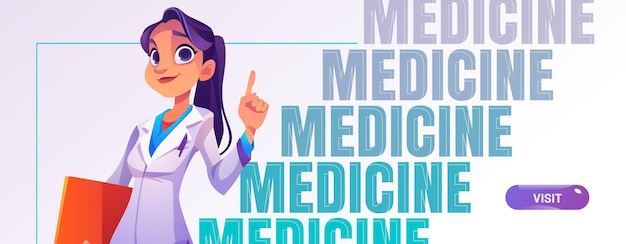 Banner de estilo de dibujos animados de medicina con doctora en bata blanca con carpeta invitar a consulta médica