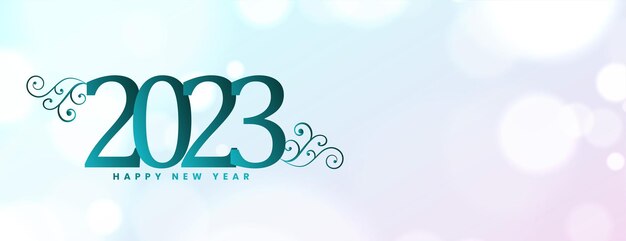 Banner de evento decorativo feliz año nuevo 2023 con efecto bokeh