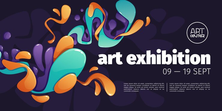 Vector gratuito banner de exhibición de arte invitación de fondo abstracto a exposición de artista moderno con manchas de pintura líquida brillante colorida o elementos geométricos 3d folleto de invitación de vector de diseño moderno para exhibir